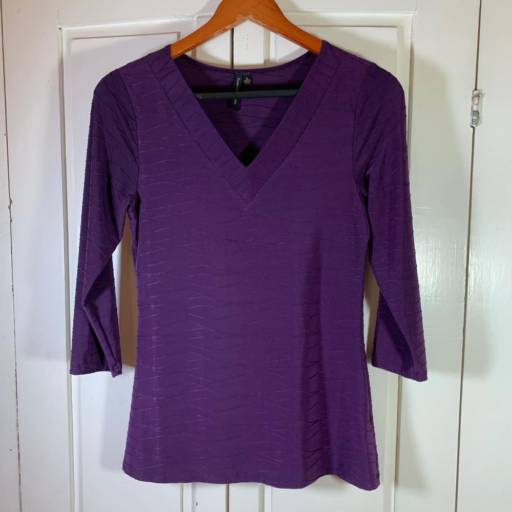SUSAN LAWRENCE Purple Textured V Neck 3/4 Sleeve Top Women's‎ Small Whimsigoth